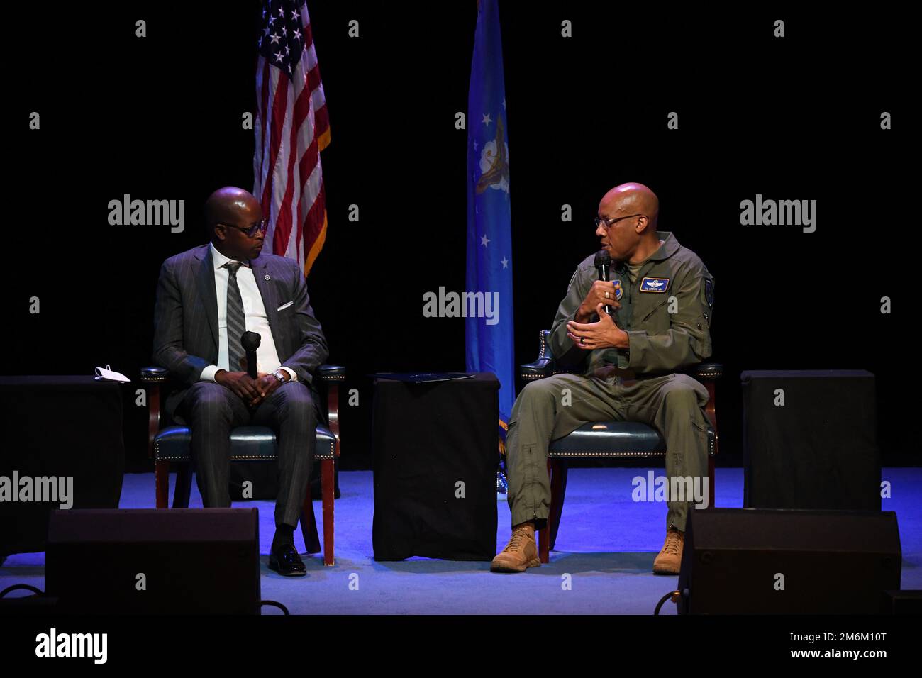 Air Force Chief of Staff Gen. CQ Brown, Jr., (right) speaks with Dr ...