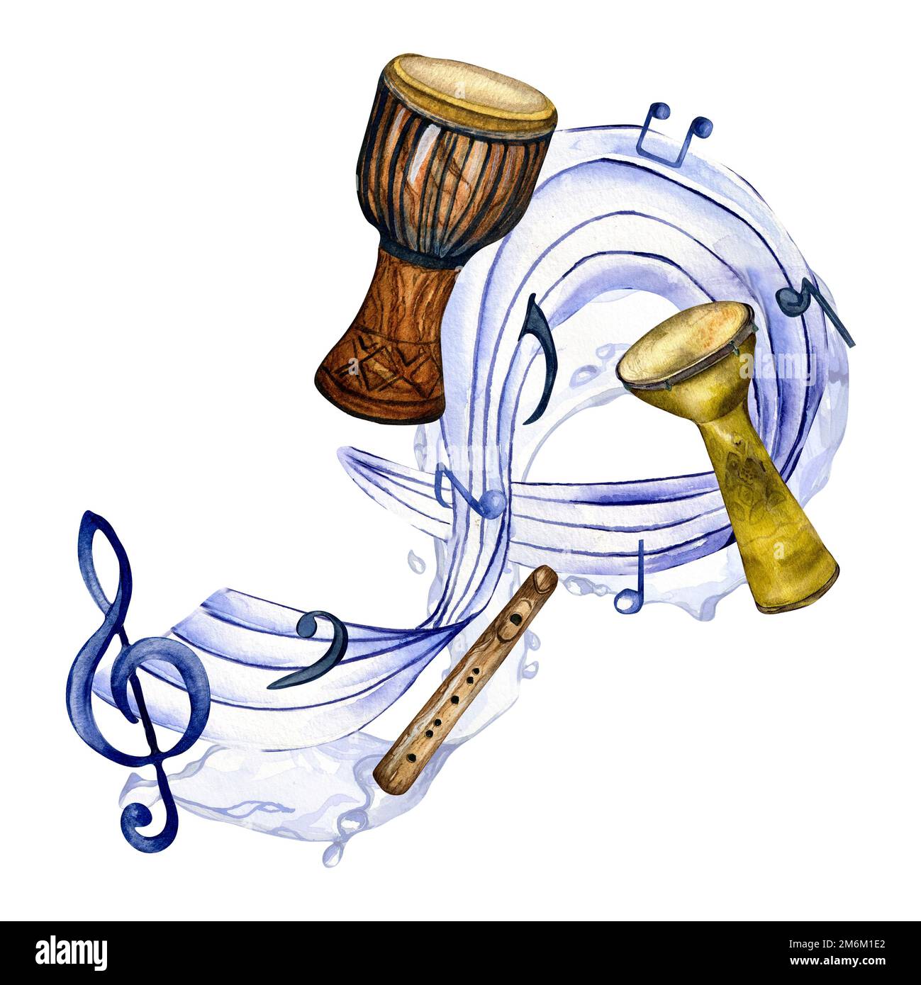 Treble clef, musical notes and conga watercolor illustration on white. Percussion musical