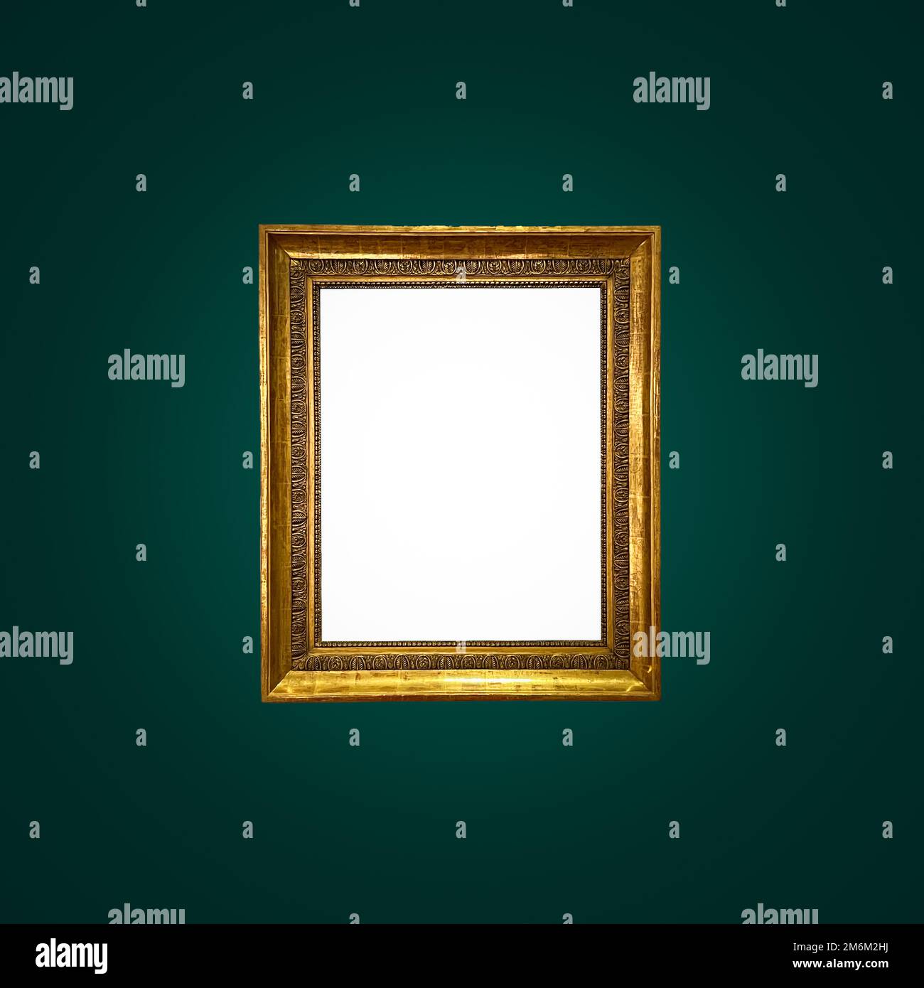 Antique art fair gallery frame on royal green wall at auction house or museum exhibition, blank template with empty white copysp Stock Photo