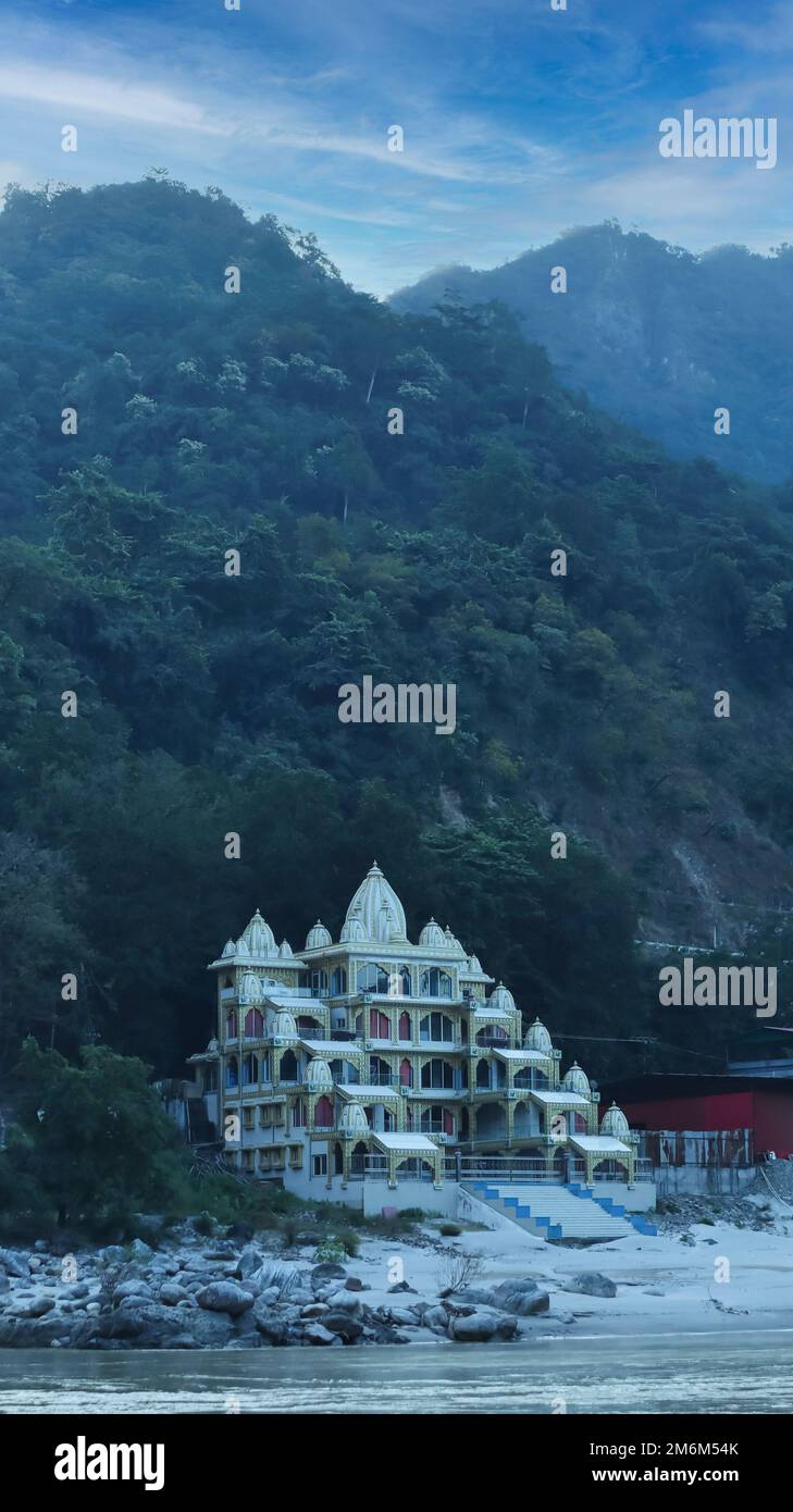 View of Trimurti Gurudatta Ashram Near Laxman Jhula, Rishikesh, Uttarakhand, India. Stock Photo