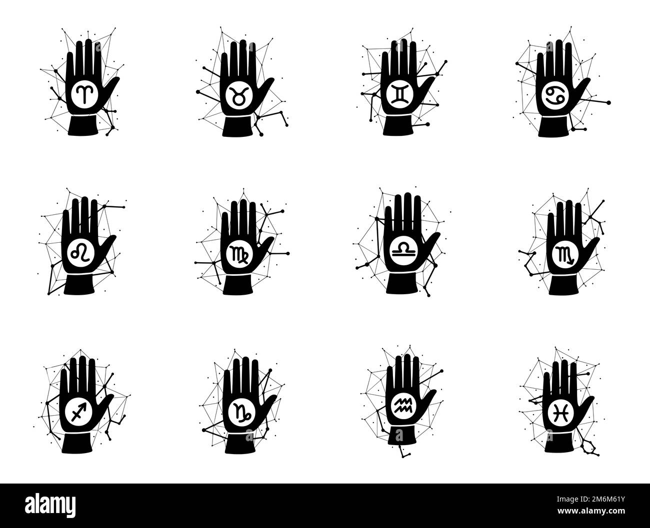 Hand with zodiac signs and constellation doodle design. Horoscope fortune telling concept artwork. Stock Photo