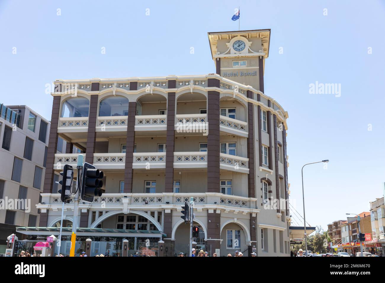 Hotel Bondi on campbell parade, with clocktower and australian flag