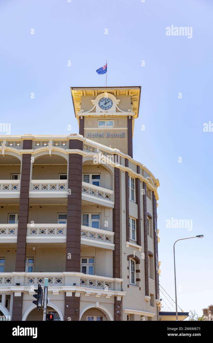 Hotel Bondi on campbell parade, with clocktower and australian flag