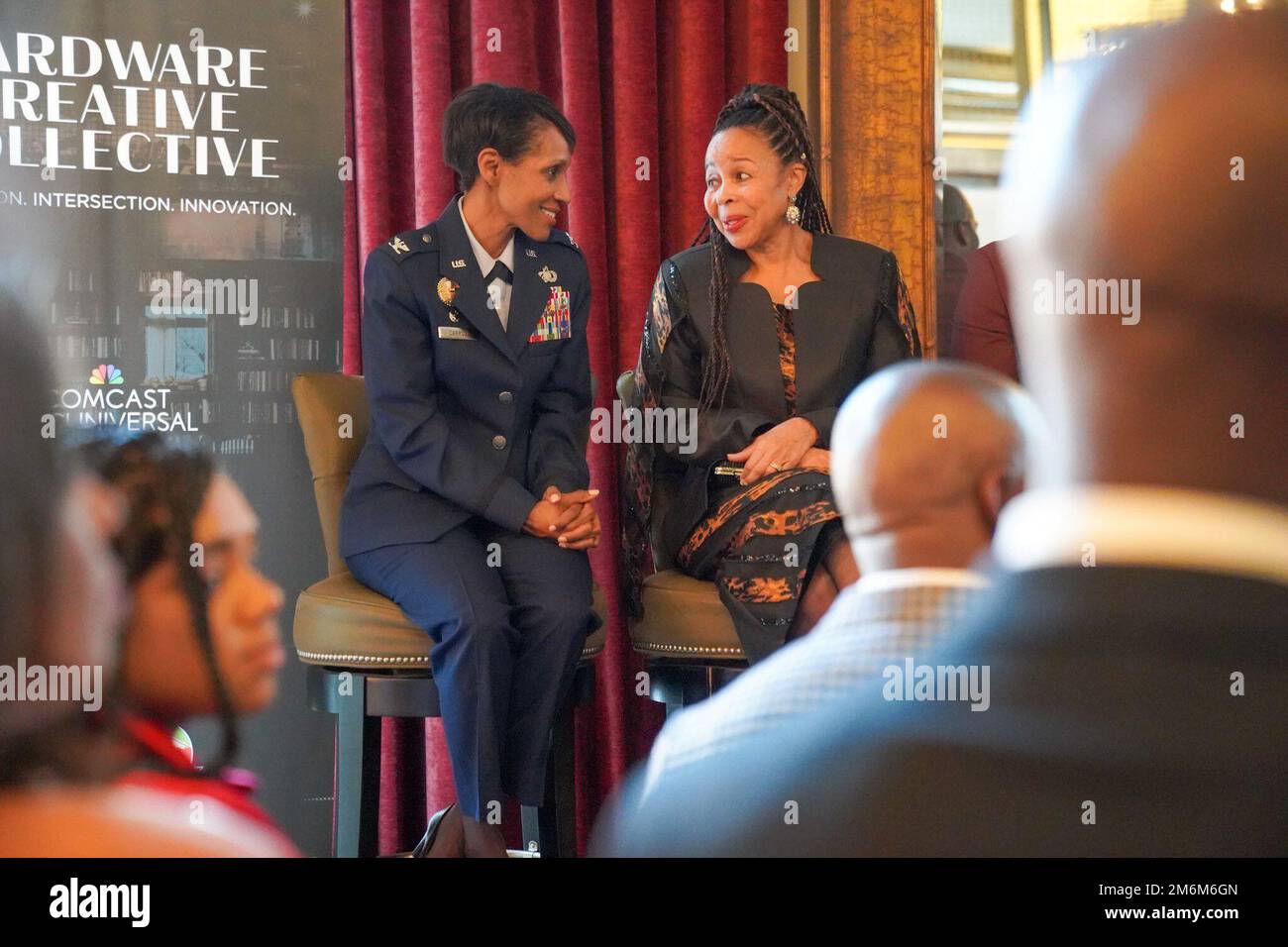 Hardware Creative Collective honorees Col. Jenise Carroll, 75th Air Base Wing commander, and Dr. Jackie Thompson, assistant superintendent for Davis County schools, speak at the Hardware Creative Collective event April 28, 2022, in Salt Lake City, Utah. The inaugural event honored seven “Black Creatives” who have made a significant impact in building inclusive communities across Utah’s landscape and featured Black leaders in the arts, education, fashion, film, health, government, venture, and tech. Stock Photo