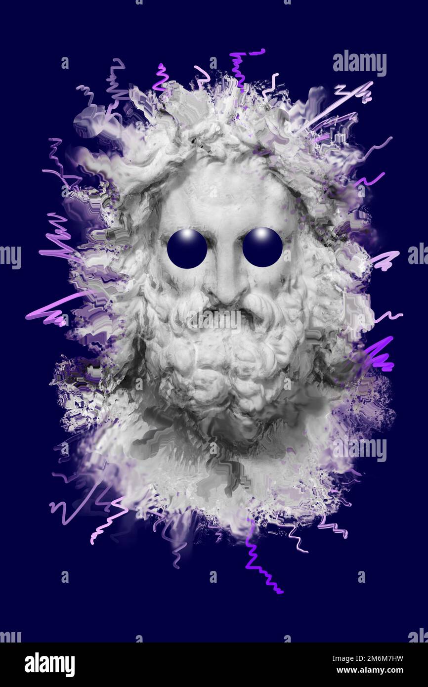 Collage with antique sculpture of male face in surreal art style