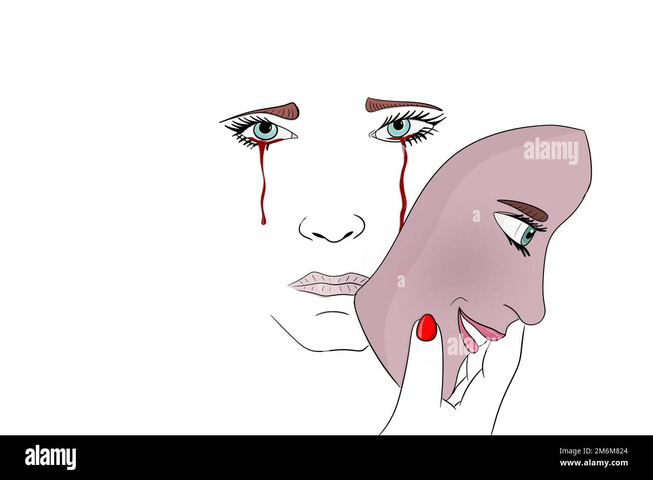 Depressed young woman covering her sad with smiling mask. Mental health, fake smile, depression, psychological disease concepts. Hand Drawn Stock Photo - Alamy