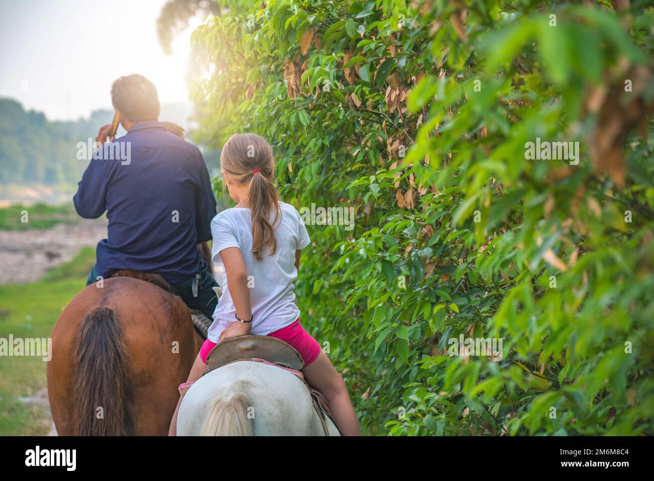 Yangshuo china august 2019 cute little girl riding on a pony in
