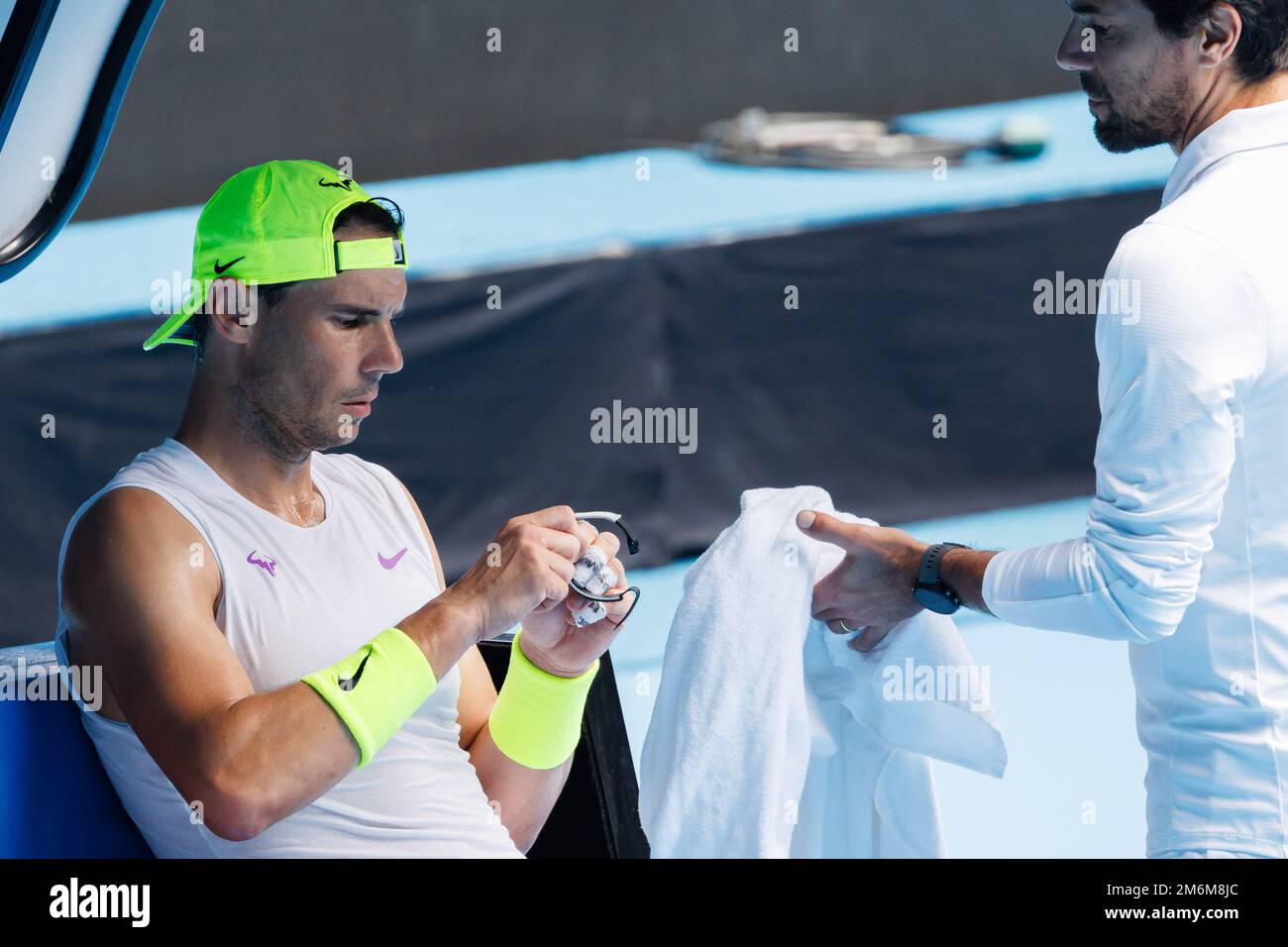 Melbourne, Australia. January 5, 2023: RAFAEL NADAL (ESP) winds his Richard Mille watch during a practice session on Rod Laver Arena ahead of the 2023 Australian Open in Melbourne, Australia. Sydney Low/Cal Sport Media Credit: Cal Sport Media/Alamy Live News Stock Photo