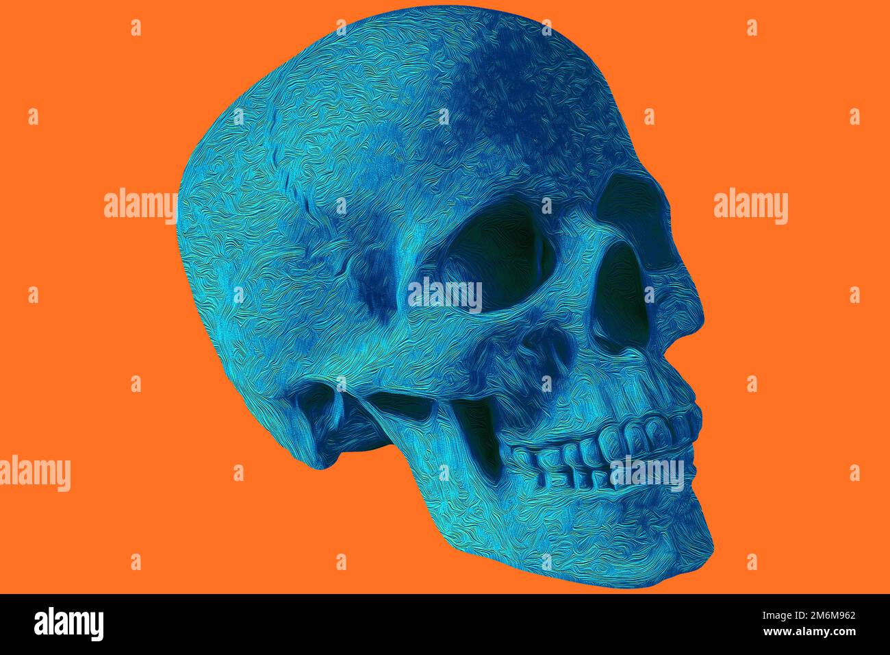 Modern creative colored graphic sculpture with multi background. Digital texture with human skull head in zine style. Contempora Stock Photo