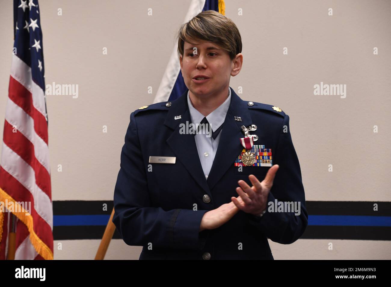 Maj. Sara Kerr, outgoing 168th Force Support Squadron commander, speaks ...