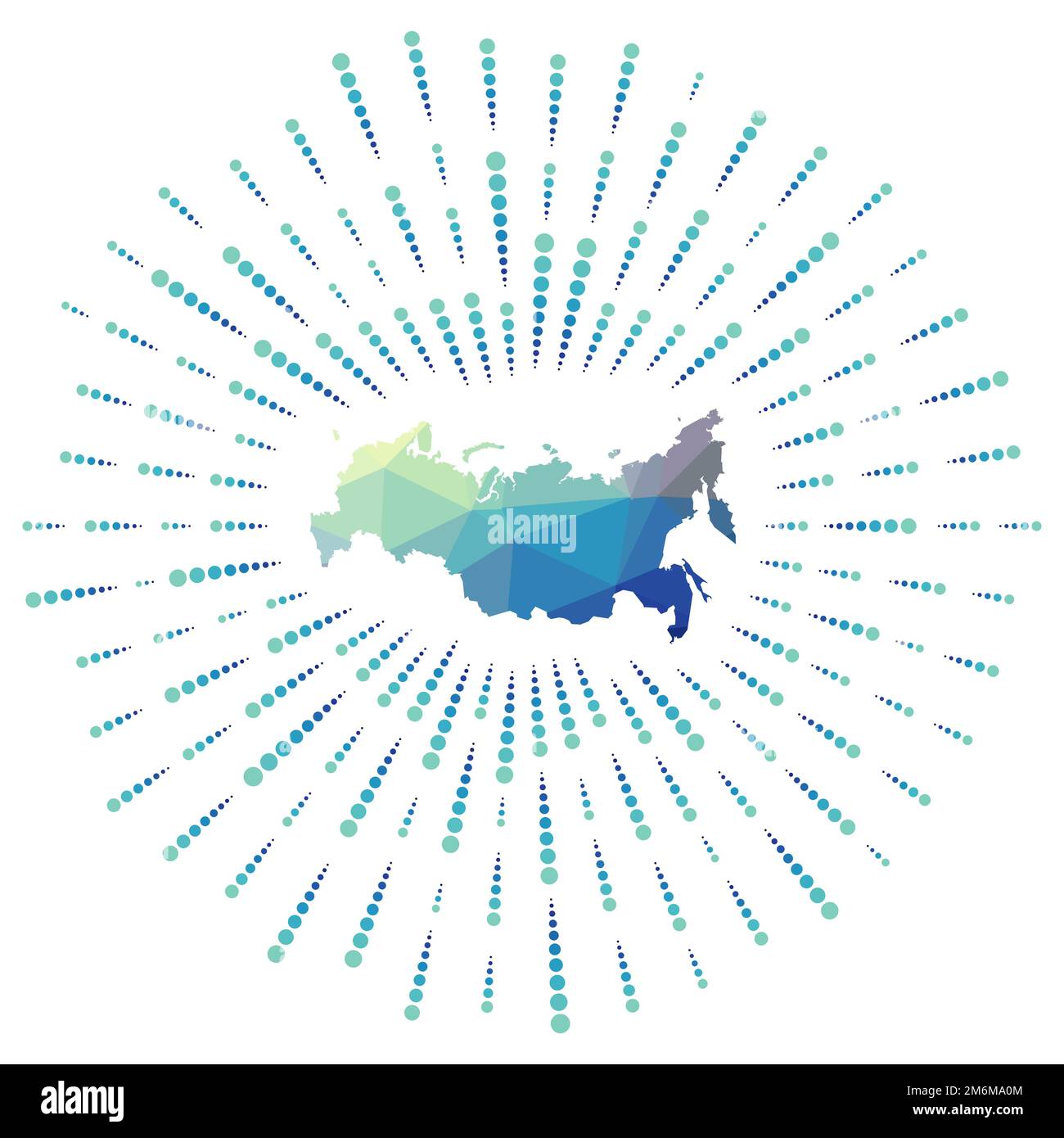 Shape of Russia, polygonal sunburst. Map of the country with colorful star rays. Russia illustration in digital, technology, internet, network style. Stock Vector