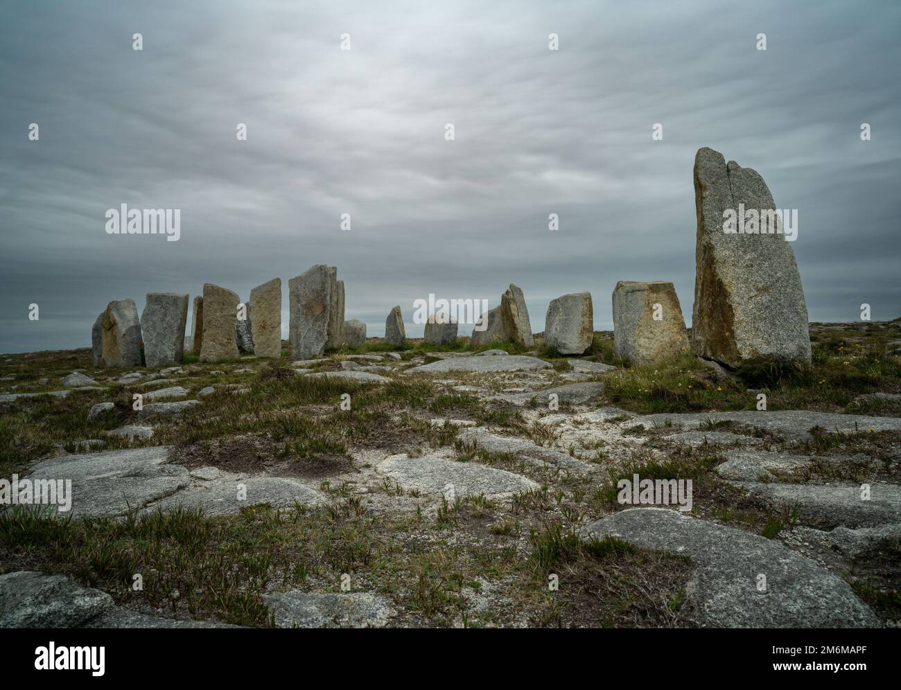 A long exposure view of the historic megalith site of Tobar Dherbhile on the Mullet Peninsula of Cou Stock Photo