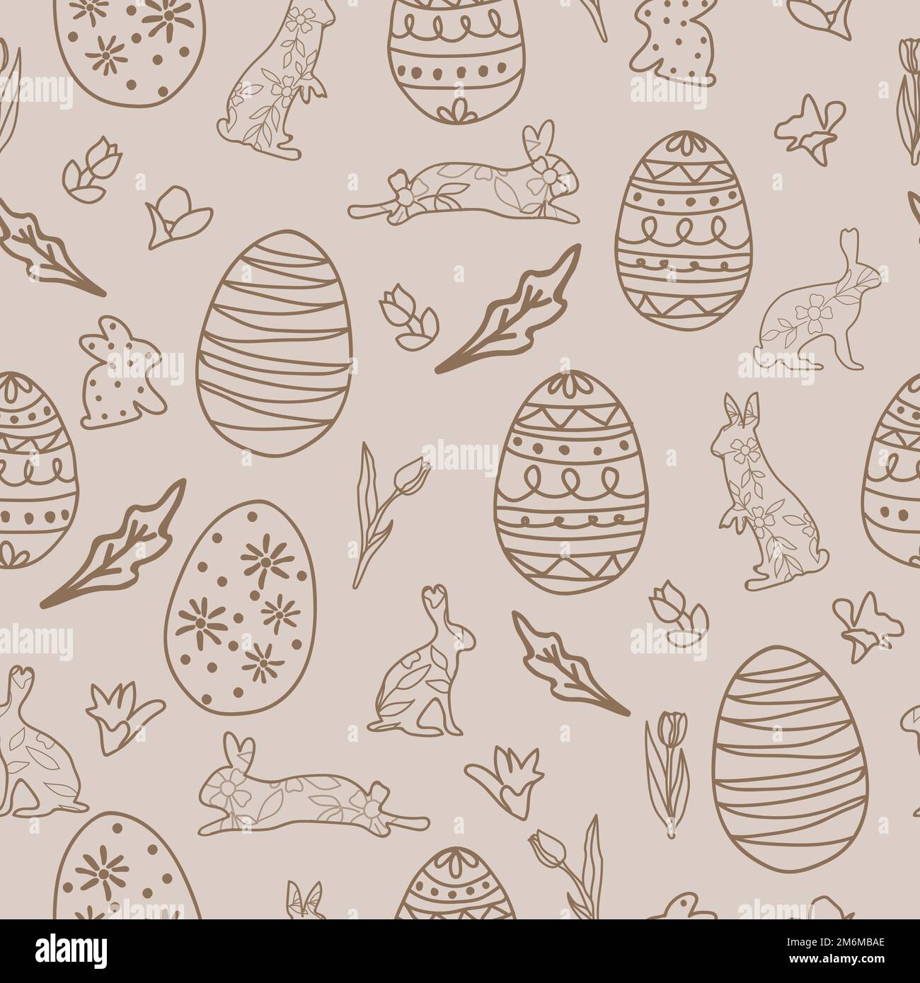 Easter eggs and bunnies with flowers hand drawn doodle seamless pattern ...