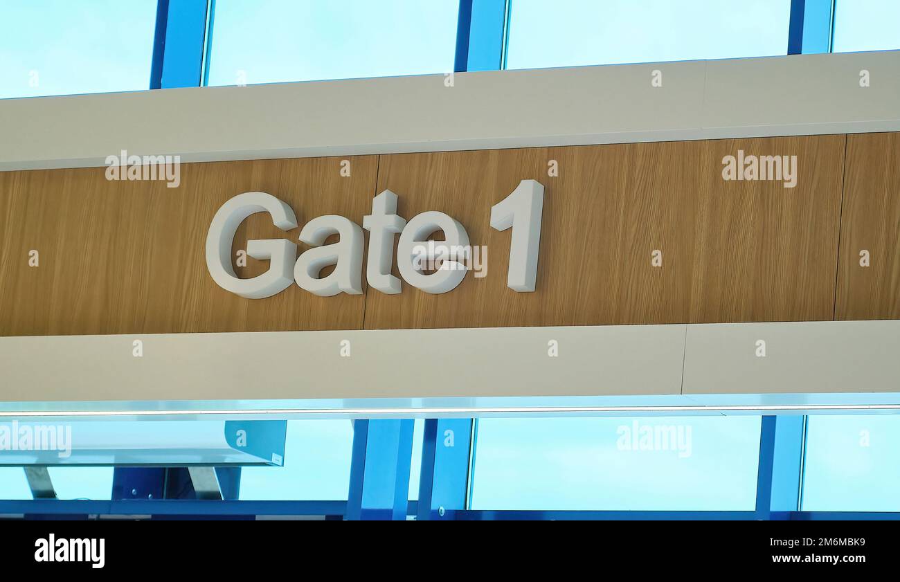 Airport gate sign terminal number one fly entrance Stock Photo Alamy