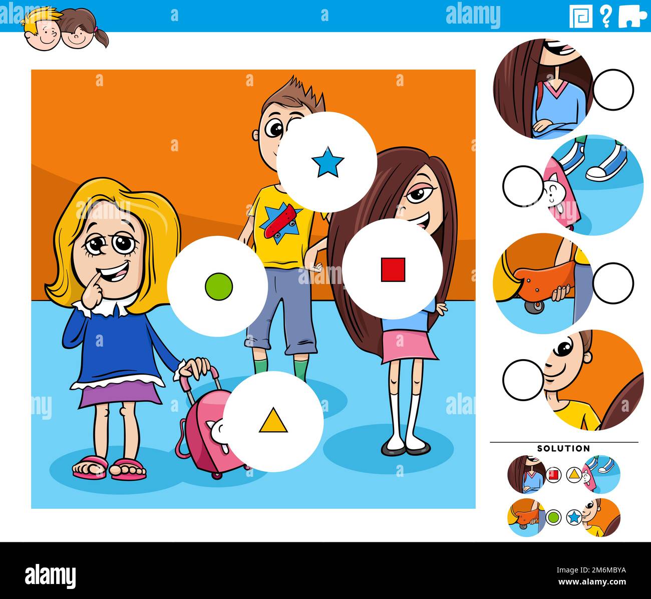 Match pieces game with cartoon school children Stock Photo Alamy