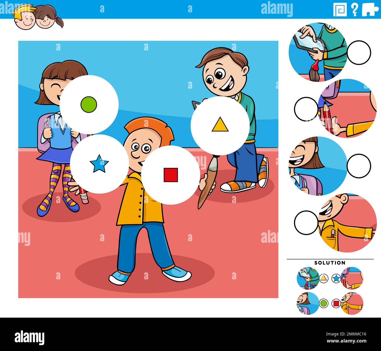 Match pieces game with cartoon school children Stock Photo Alamy
