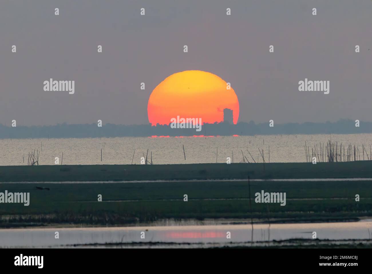 The large sunrise is orange. Sunrise over the sea and mangrove forest Stock Photo