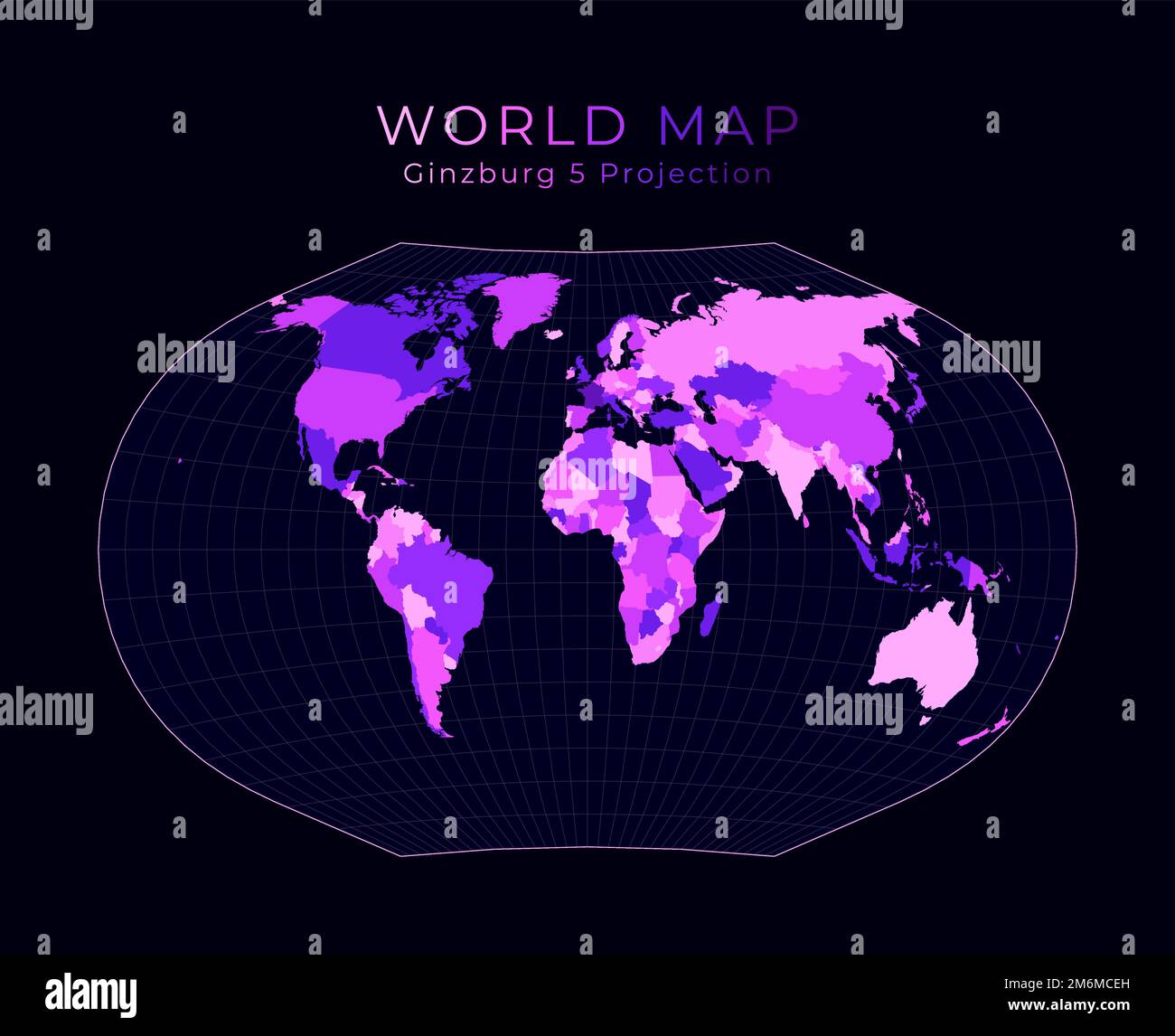 World Map. Ginzburg V projection. Digital world illustration. Bright ...