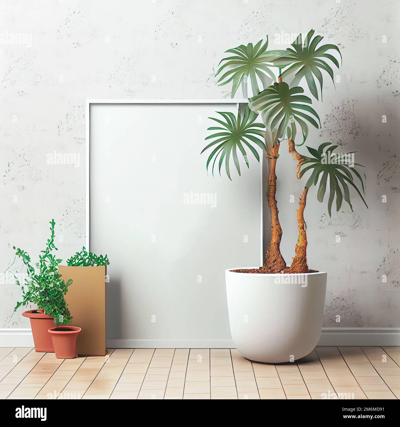 Mockup of empty frame displayed inside room interior with white wall