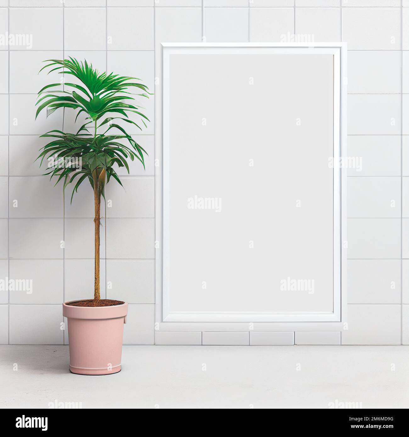 Mockup of empty frame displayed inside room interior with white wall