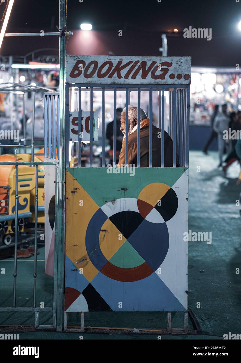 28 november, raipur, india Ticket Counter booth to buy tickets of rides in indian fun fair at night, ticket booth in indian fair, Stock Photo