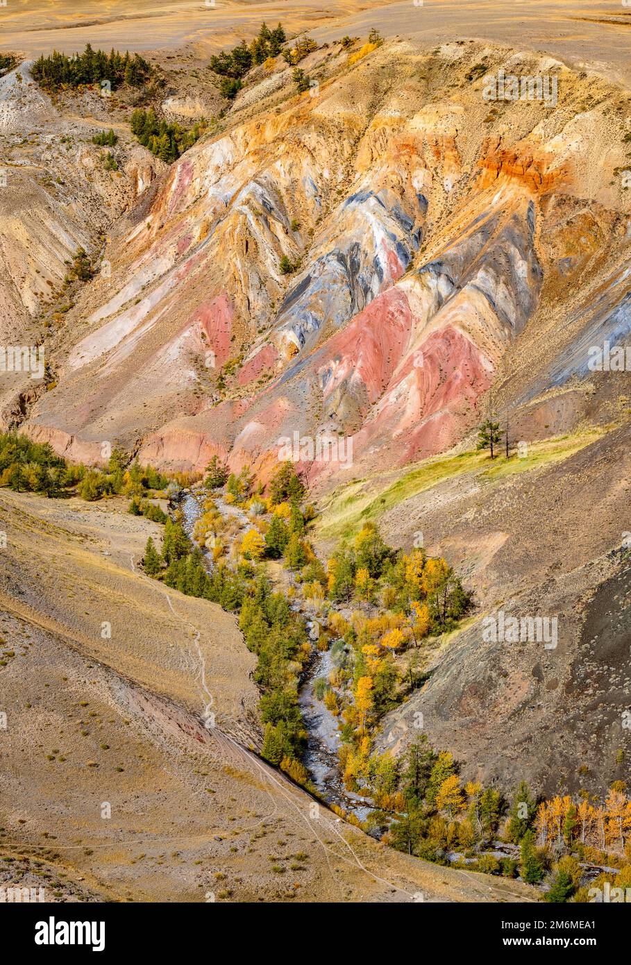 Martian landscape, multi-colored mountains of Kyzyl-Chin, Republic Altai, Siberia, Russia. Stock Photo