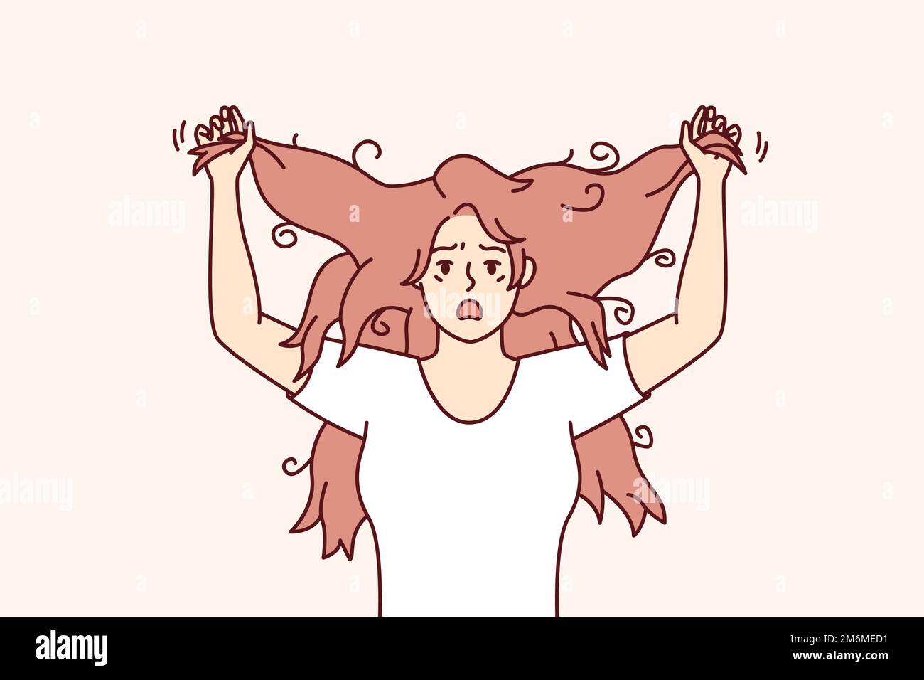 Shocked woman tearing hair on head due to depression or lot of stress suffering from mental disorder. Girl nervous after seeing untidy hairstyle needing to go to hairdresser. Flat vector design  Stock Vector