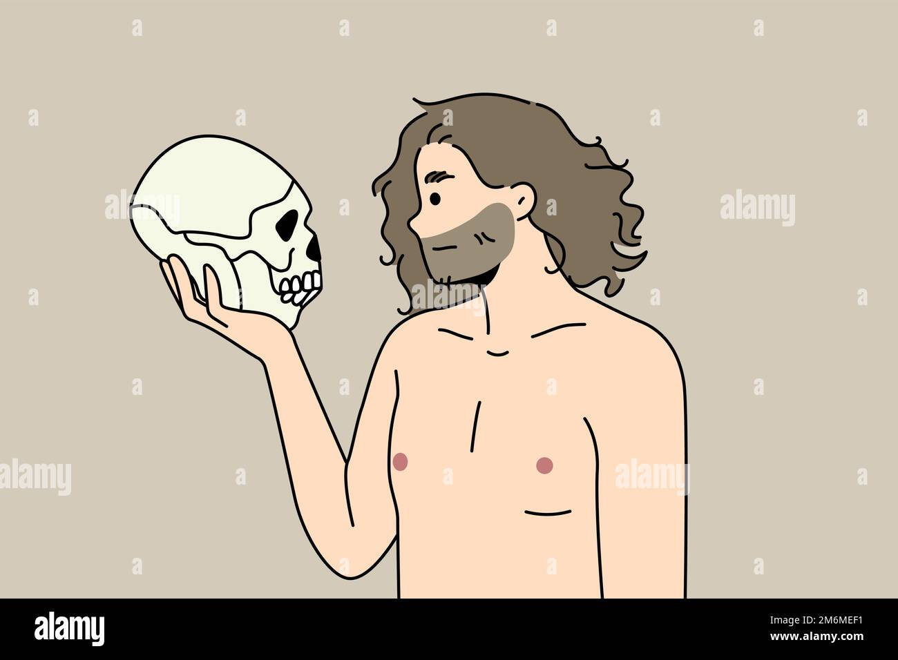 Neanderthal man holding in arms talking to ancestor skull. Prehistoric male with ancient human head braincase in hands. Vector illustration.  Stock Vector
