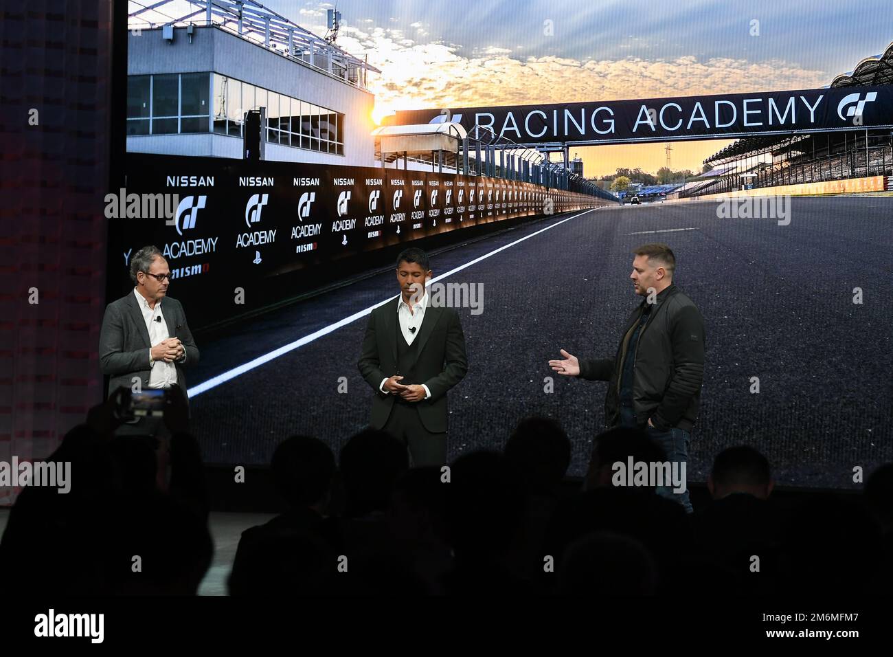 President, Sony Pictures Entertainment Motion Picture Group Sanford Panitch, Head of PlayStation Productions Asad Qizilbash and director Neill Blomkamp speak during the CES 2023 media day at the Las Vegas Convention Center in Las Vegas, NV on January 4, 2023. (Photo by Bryan Steffy/Sipa USA) Stock Photo