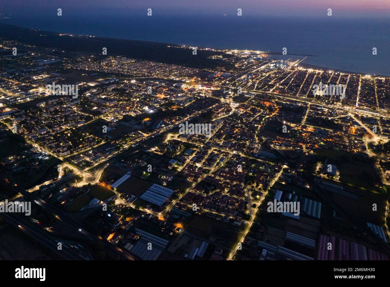 Viareggio city aerial view at night Stock Photo
