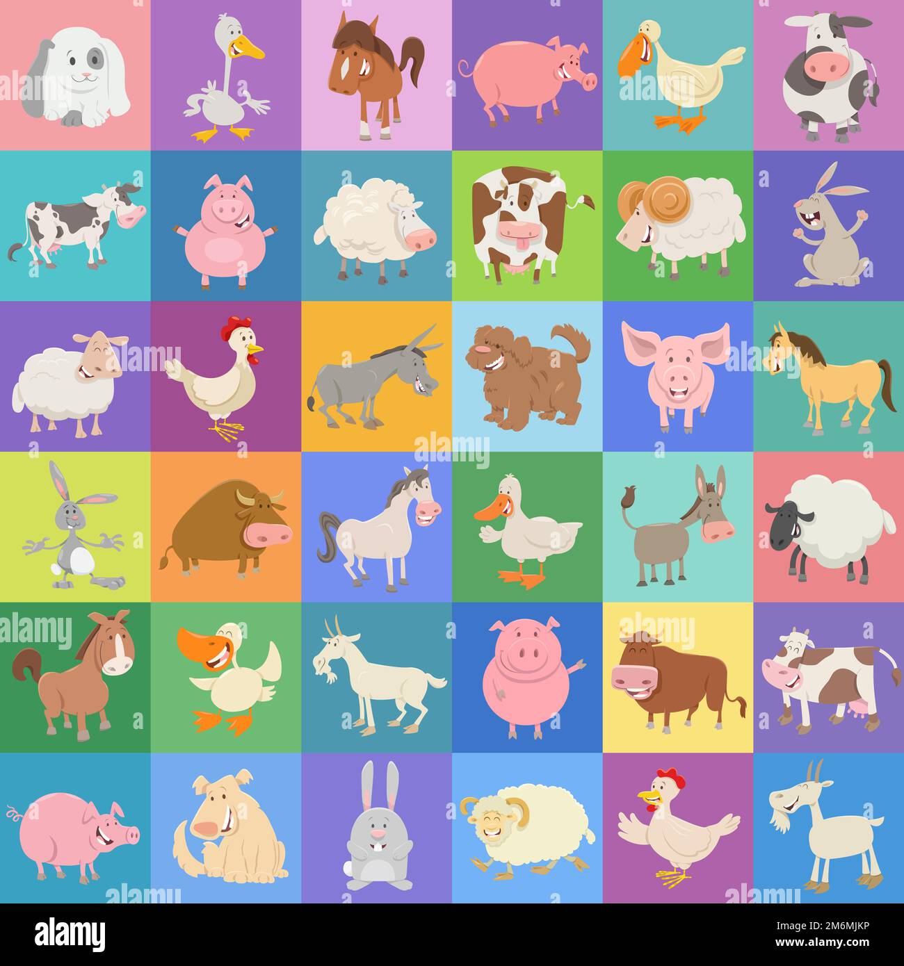 Background design with funny cartoon farm animal characters Stock Photo