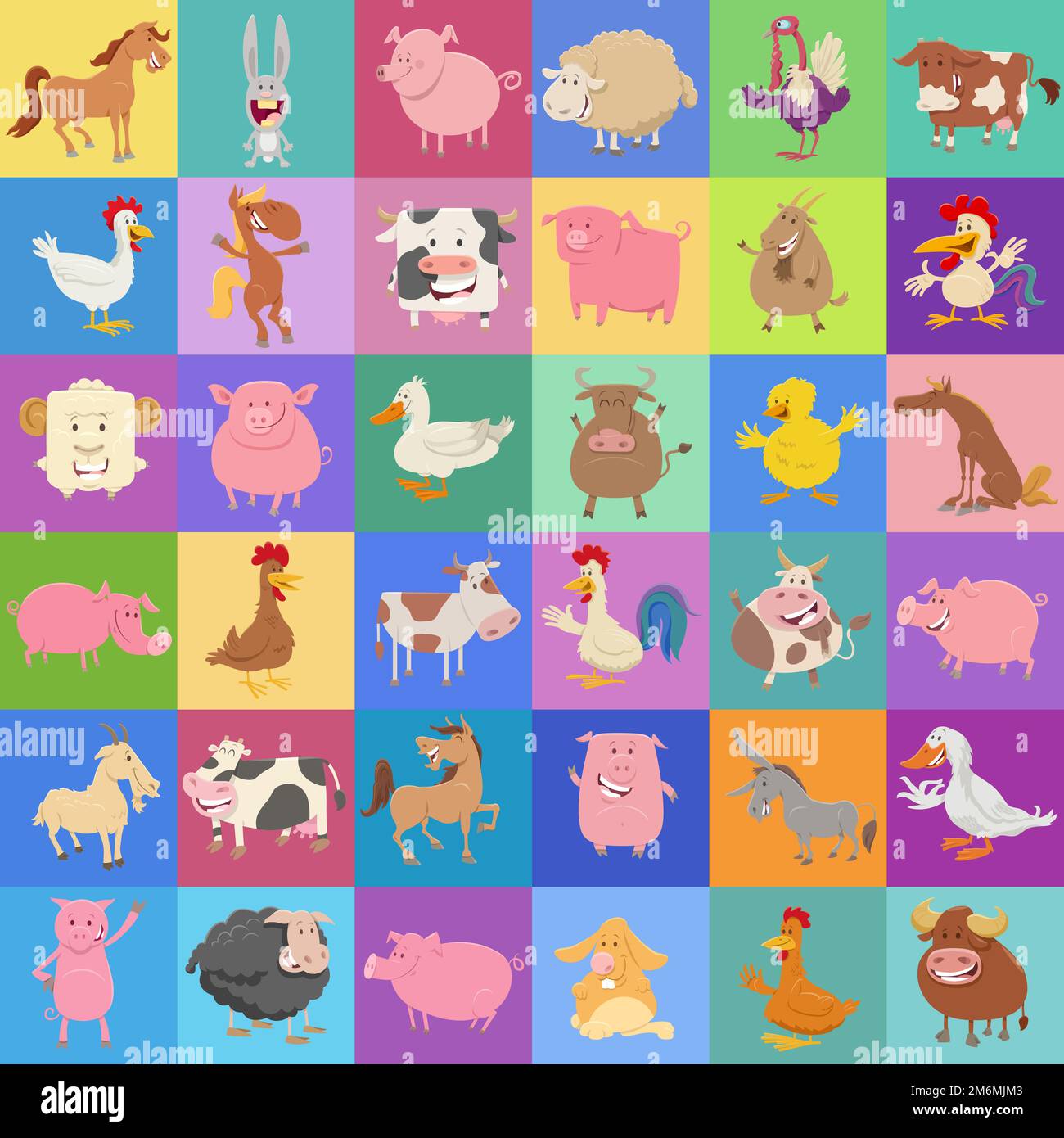 Background design with cartoon farm animal characters Stock Photo