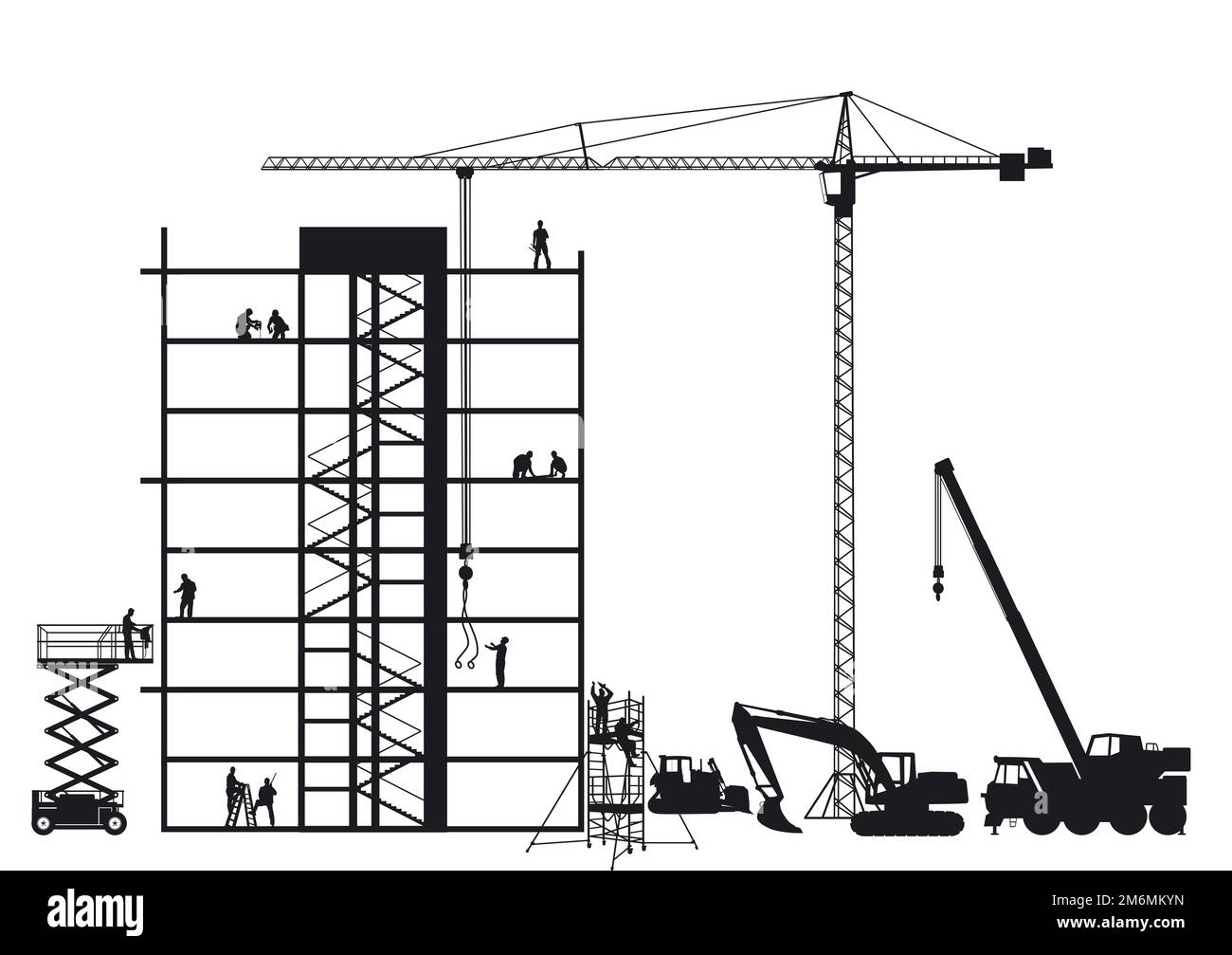 Building construction site with wheel loader and crane, illustration
