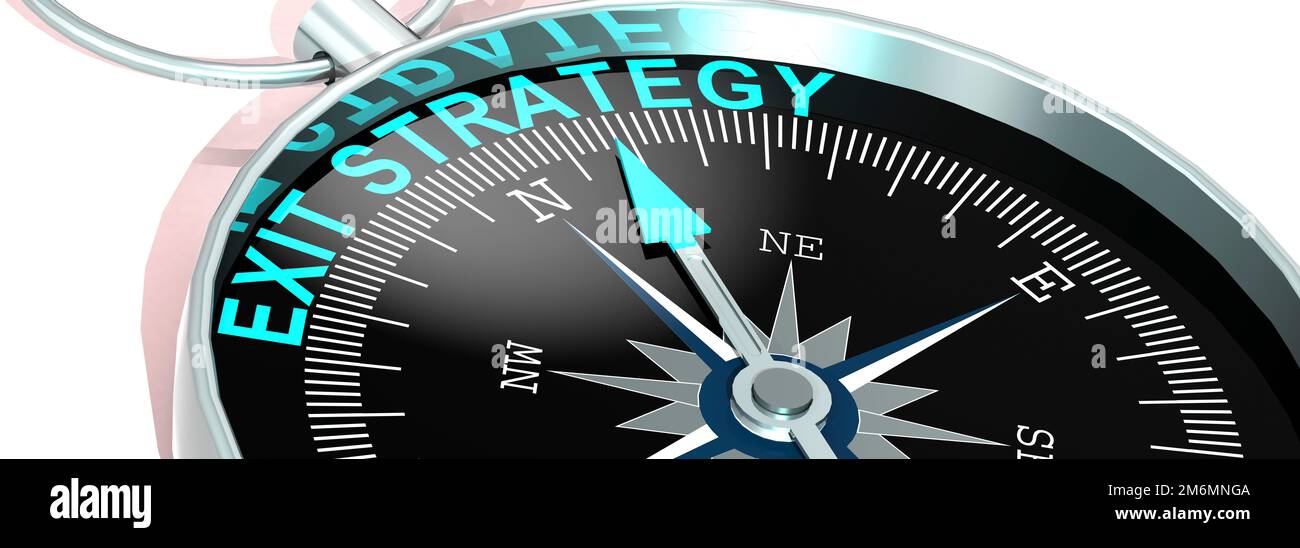 Compass needle pointing to word exit strategy Stock Photo Alamy