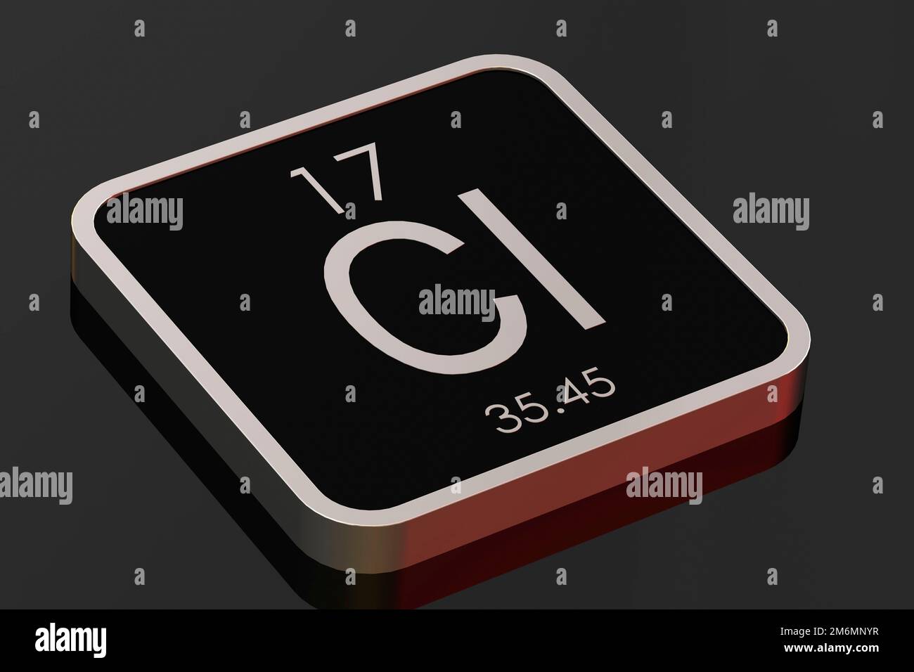 Chlorine element from periodic table on black square block Stock Photo