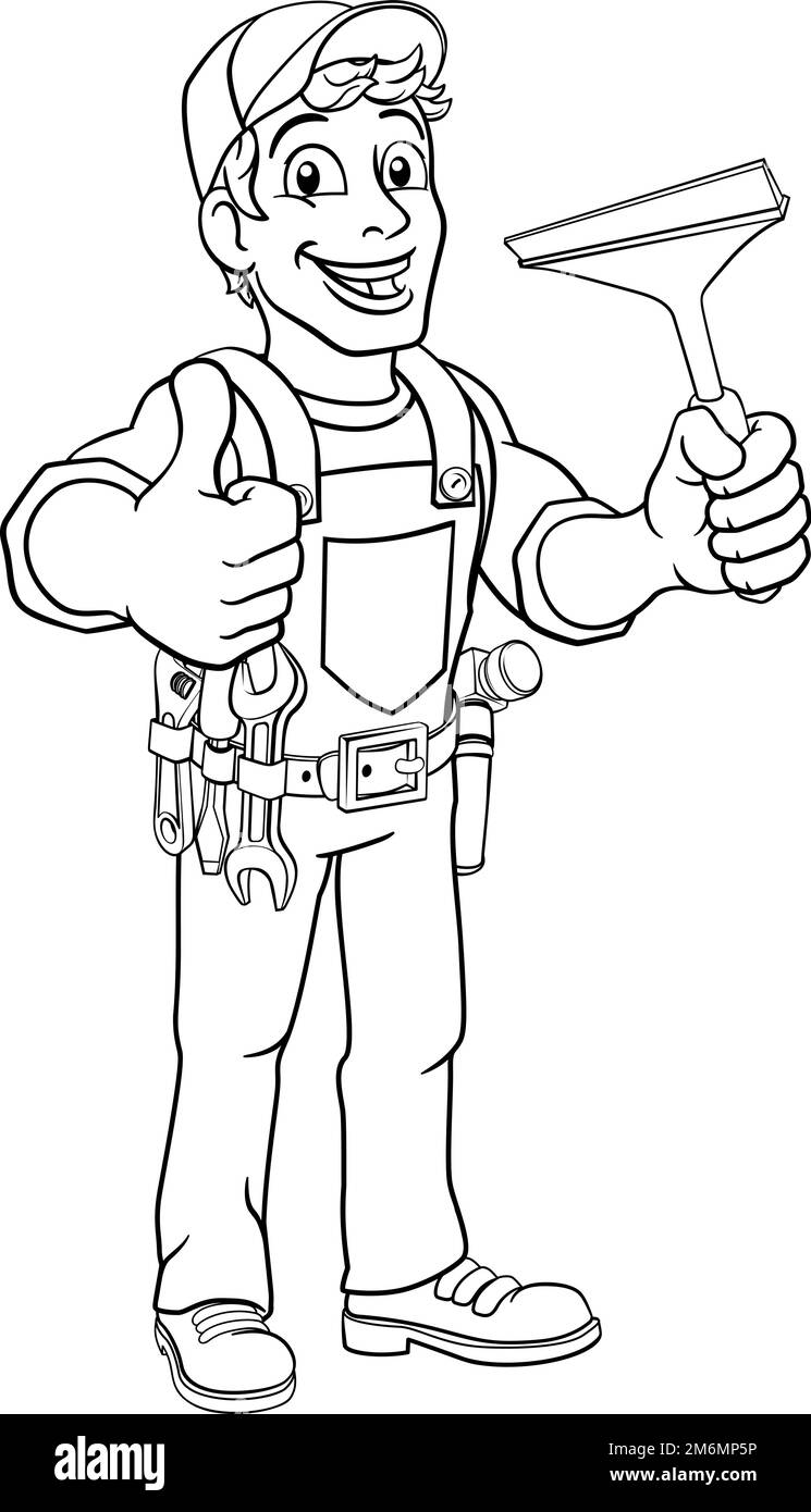 Cartoon illustration man cleaning up Black and White Stock Photos