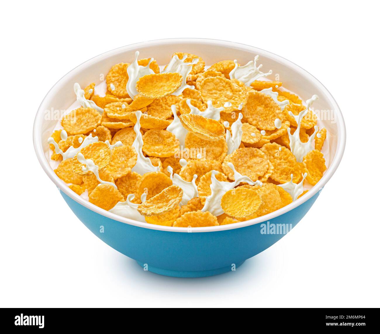 Corn flakes with milk splashes isolated on white background Stock Photo
