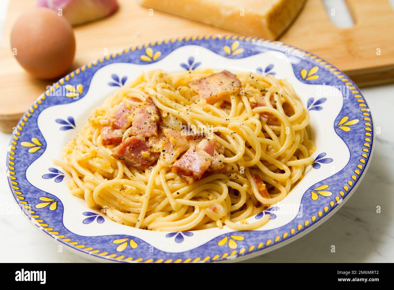 Spaghetti Carbonara is an Italian pasta dish from Rome made with eggs