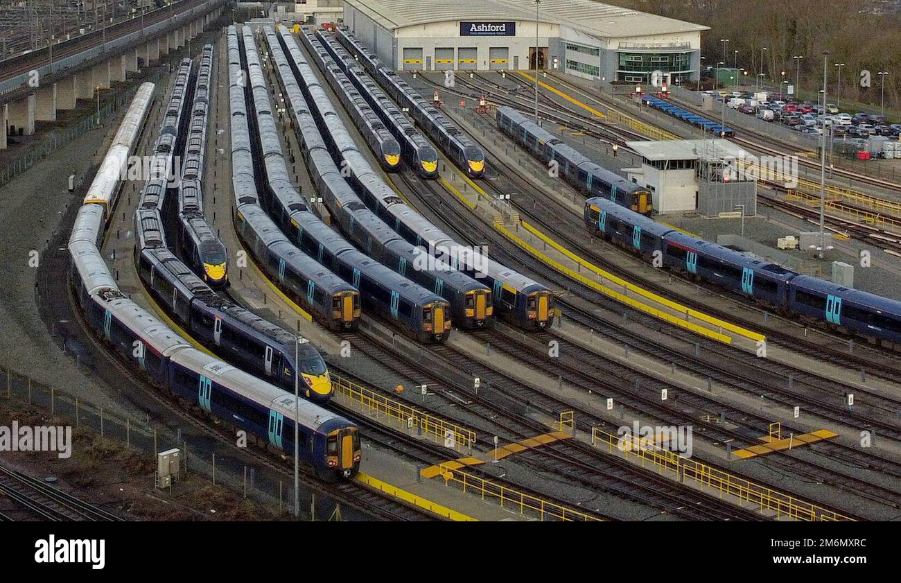 Southeastern trains in sidings at Ashford station in Kent during a