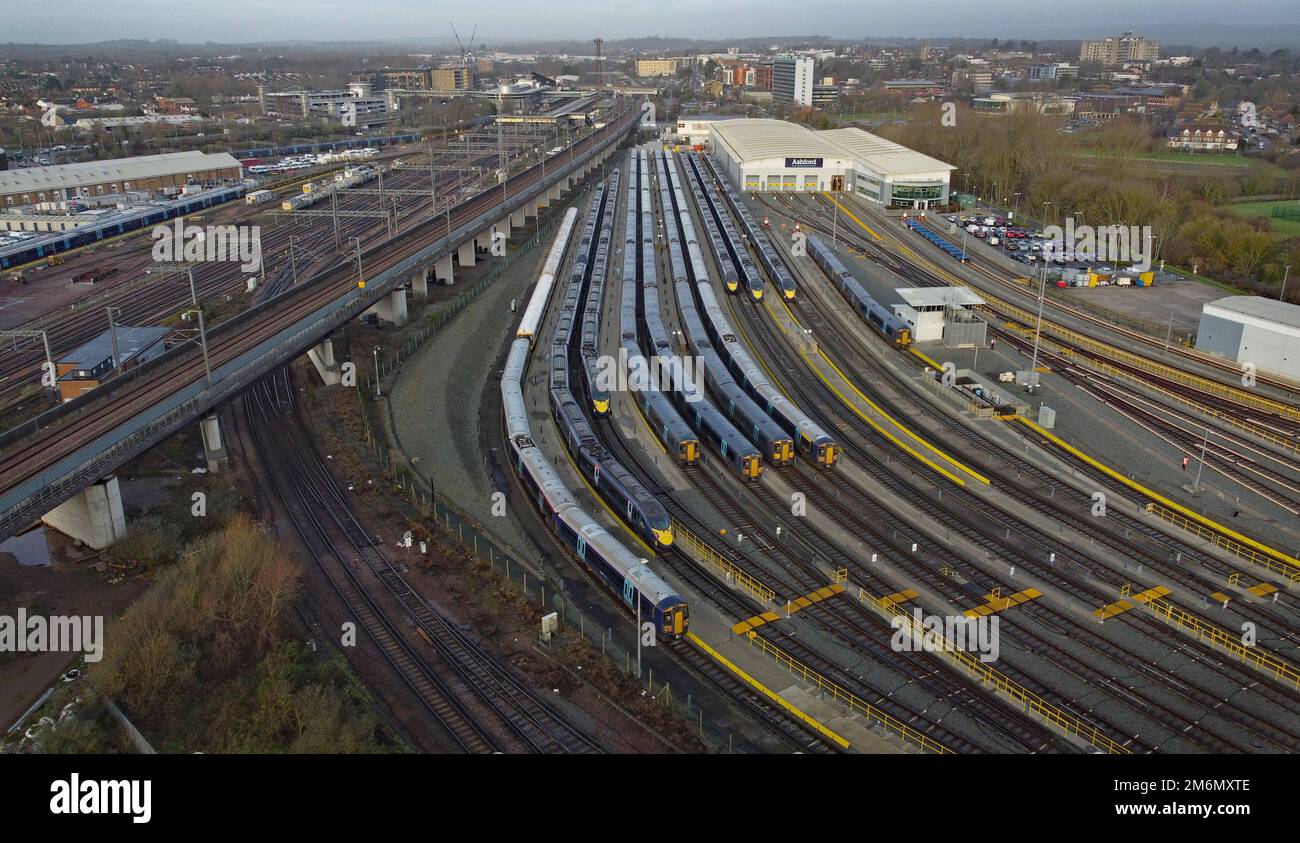 Southeastern trains in sidings at Ashford station in Kent during a