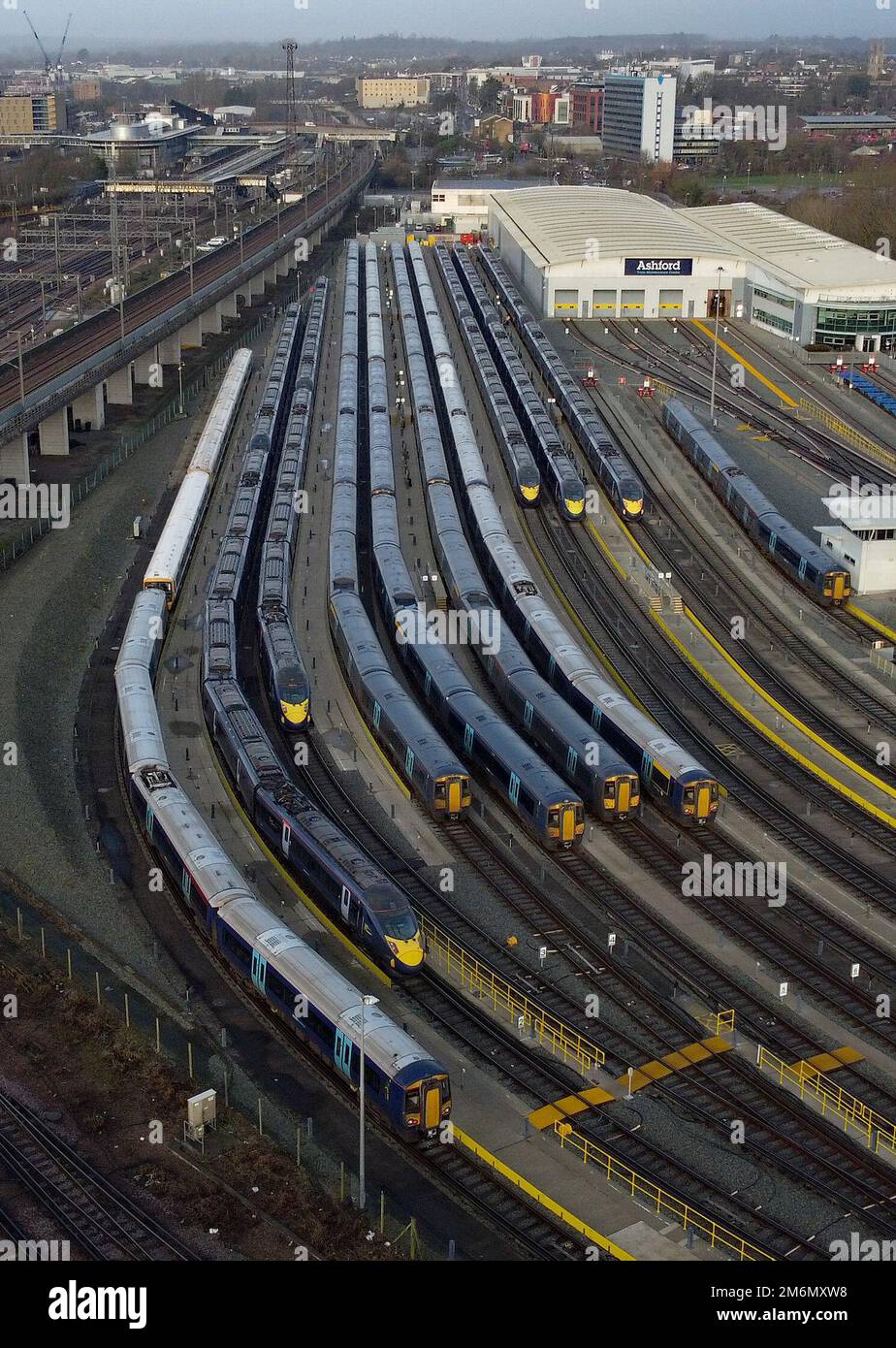 Southeastern trains in sidings at Ashford station in Kent during a