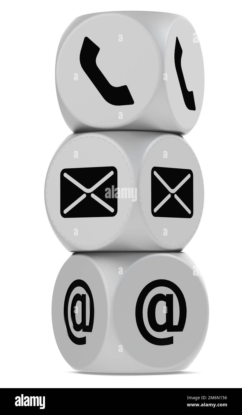 Contact us concept with telephone, email and address on silver dices ...