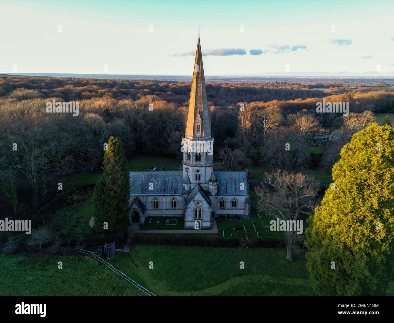 An aerial view of the St Barnabas Church, Ranmore Stock Photo