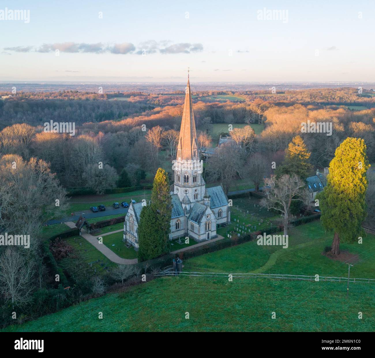 An aerial view of the St Barnabas Church, Ranmore Stock Photo