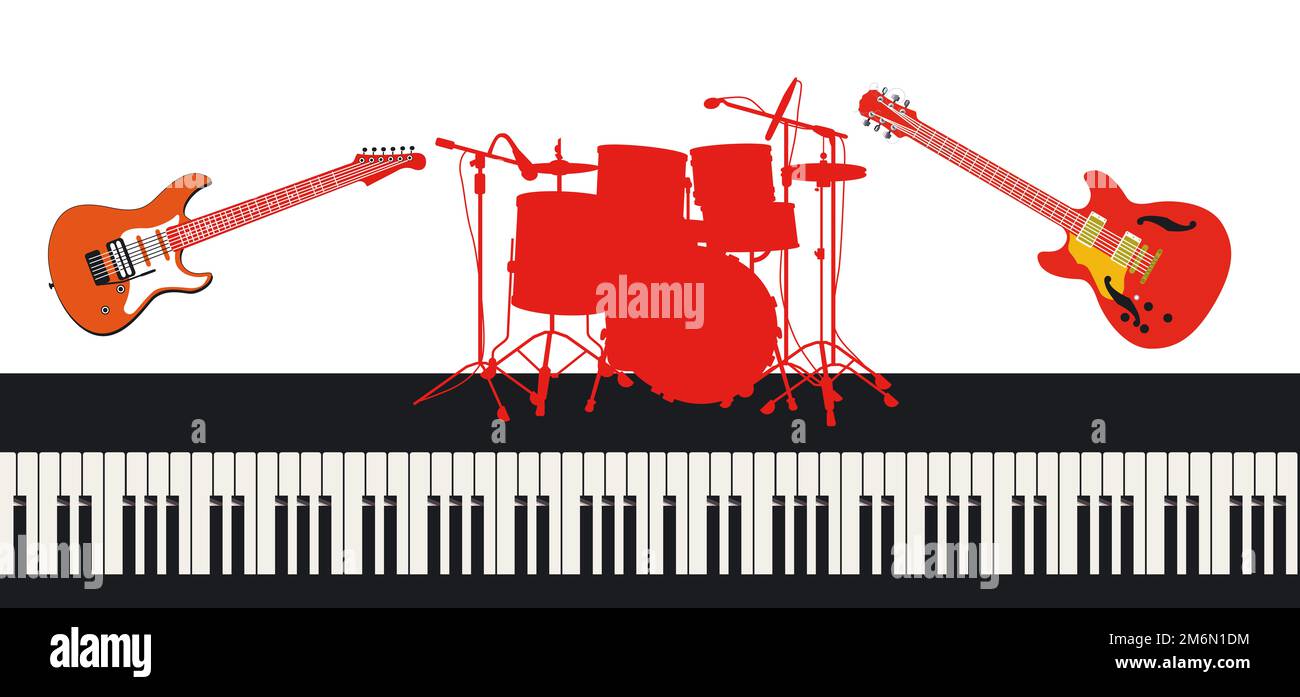 Musical instruments, guitars, drums and piano, rock music,  illustration Stock Photo