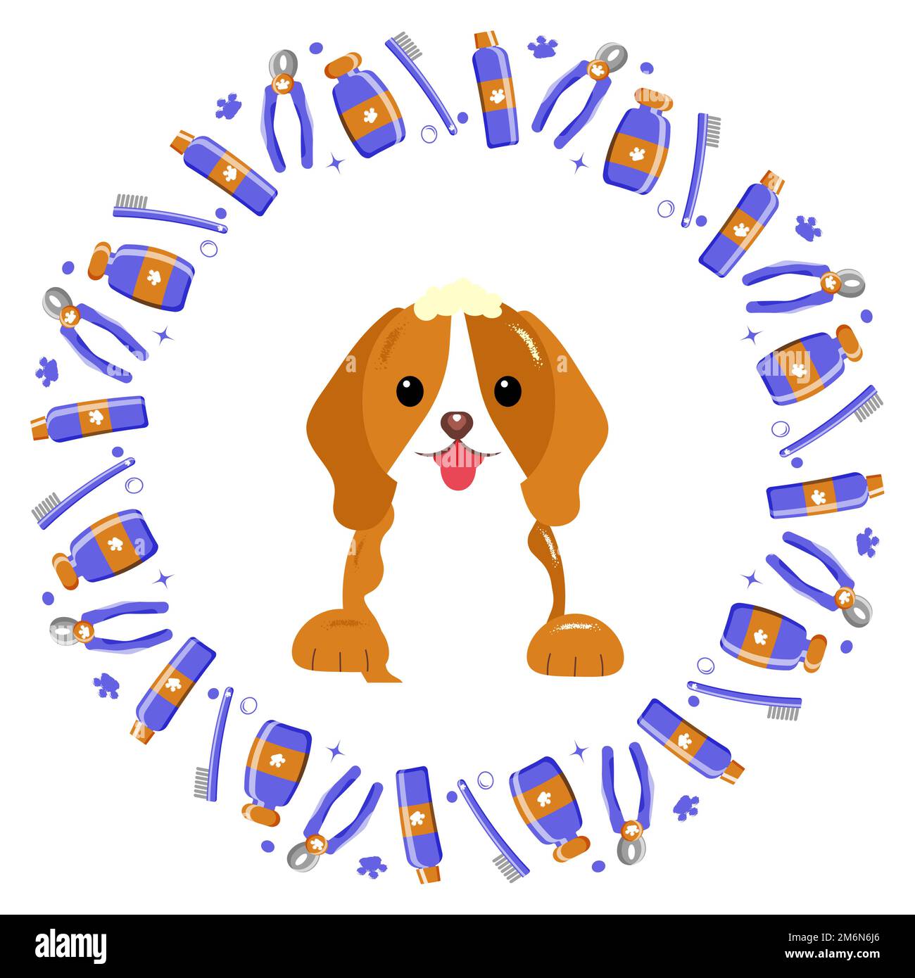 pet tools frame with dog in the center. white background. Vector