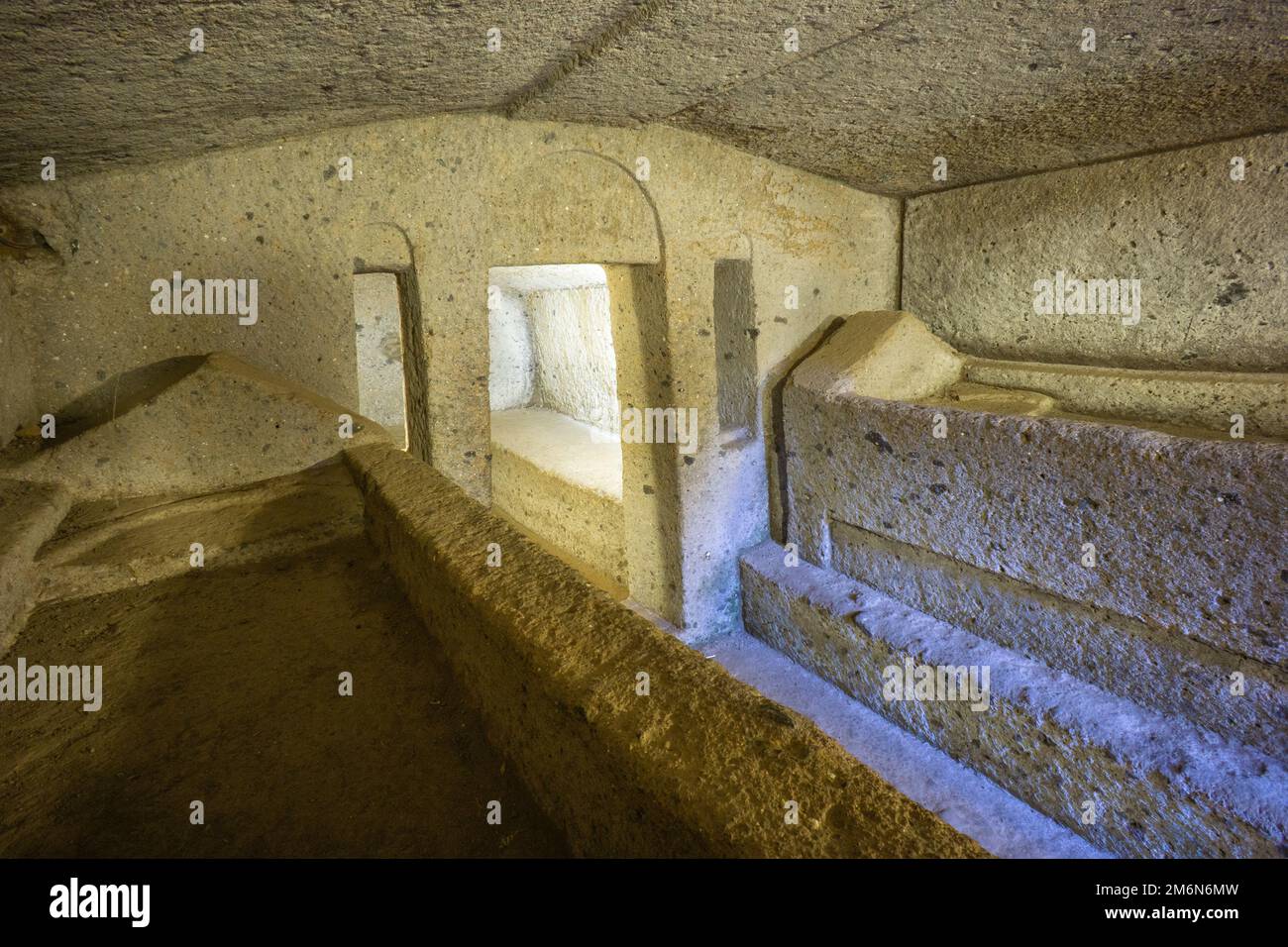 Inside an ancient etruscan tomb, Etruscan necropolis (8th century b.C.) Cerveteri Rome Province, Italy. UNESCO World Heritage Stock Photo