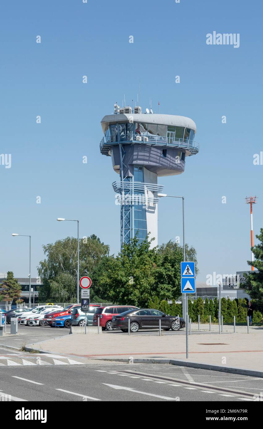 Bratislava, Slovakia - August, 4, 2022 :  Air traffic control tower of Bratislava airport in the summer. Stock Photo