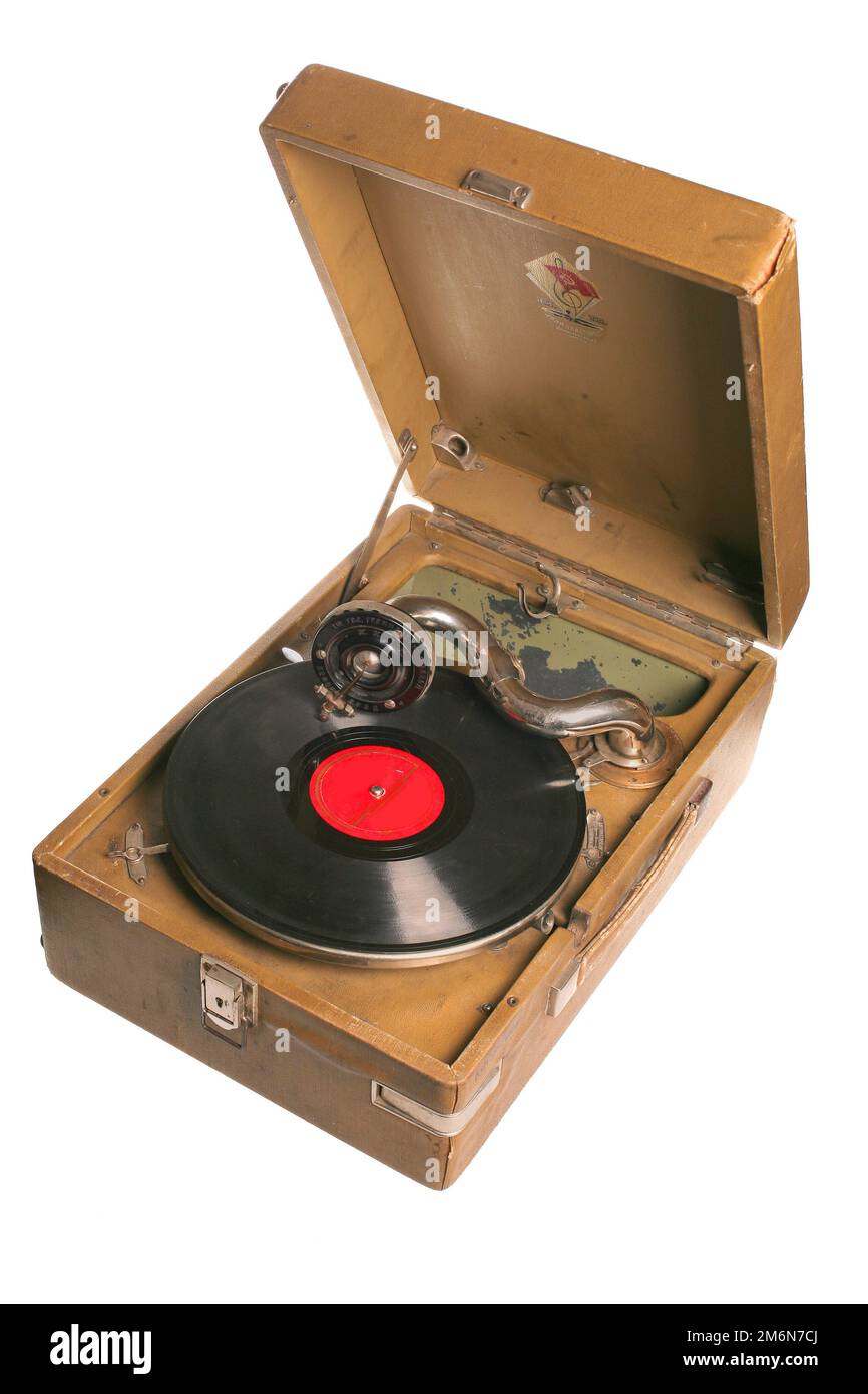 Vintage vinyl record player on a white background Stock Photo - Alamy