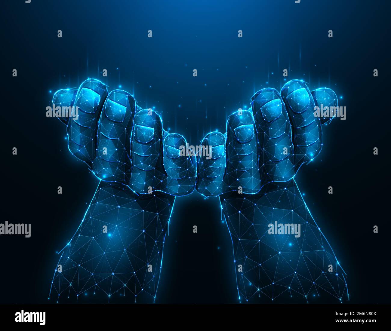 Open hands palms raised up, hand gesture polygonal vector illustration on a dark blue background. Hands holding or giving someth Stock Photo